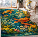 Colorfull Floral Turtles Under Water Rectangular Area Rug