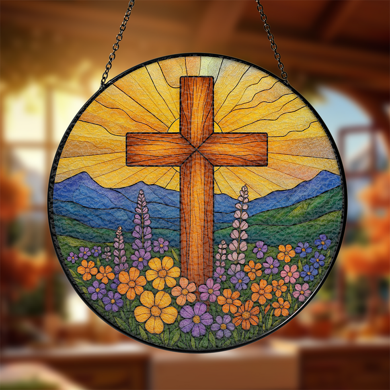 Cross Flower Stained Glass Suncatcher