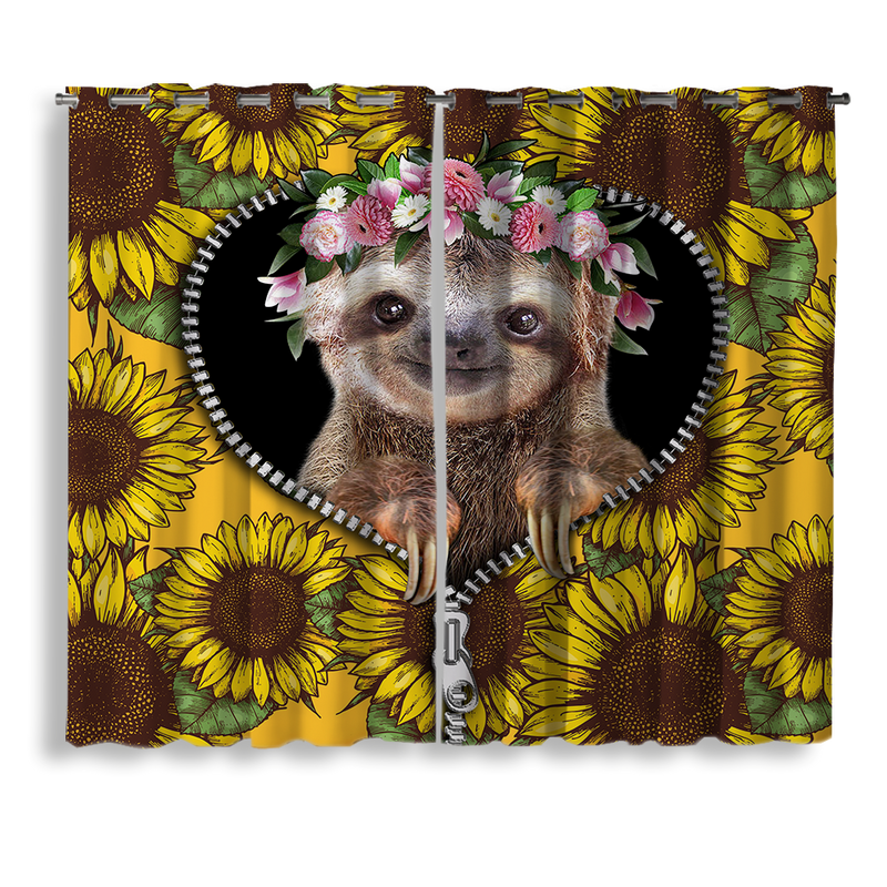 Cute Sloth Sunflower Zipper Window Curtain