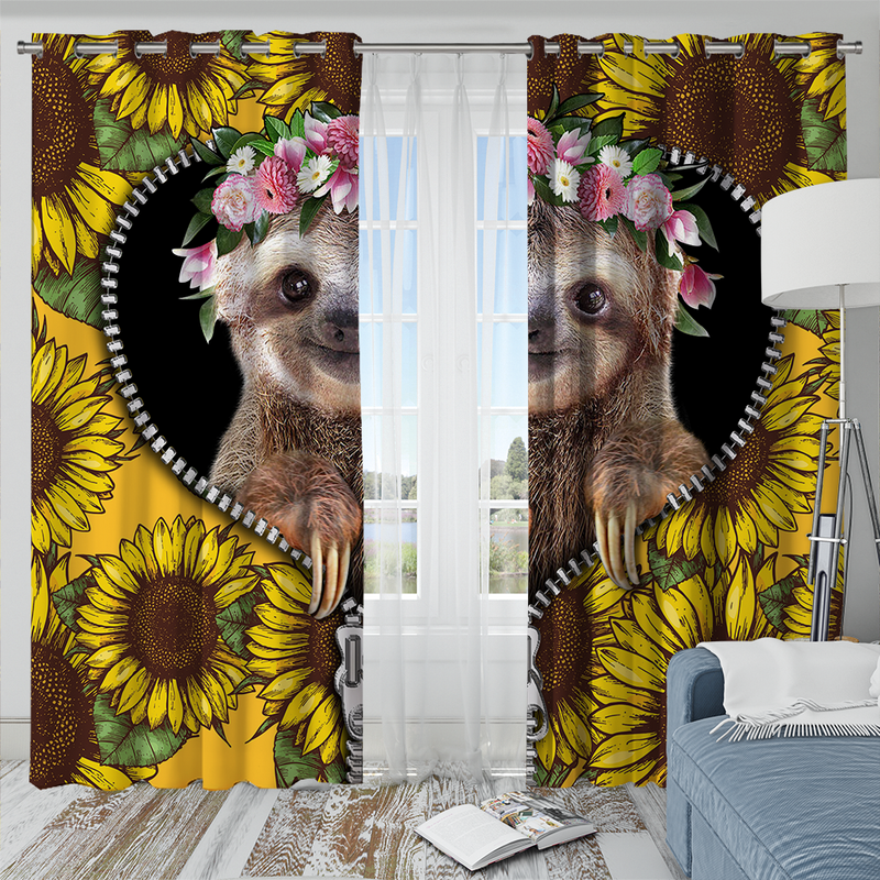 Cute Sloth Sunflower Zipper Window Curtain