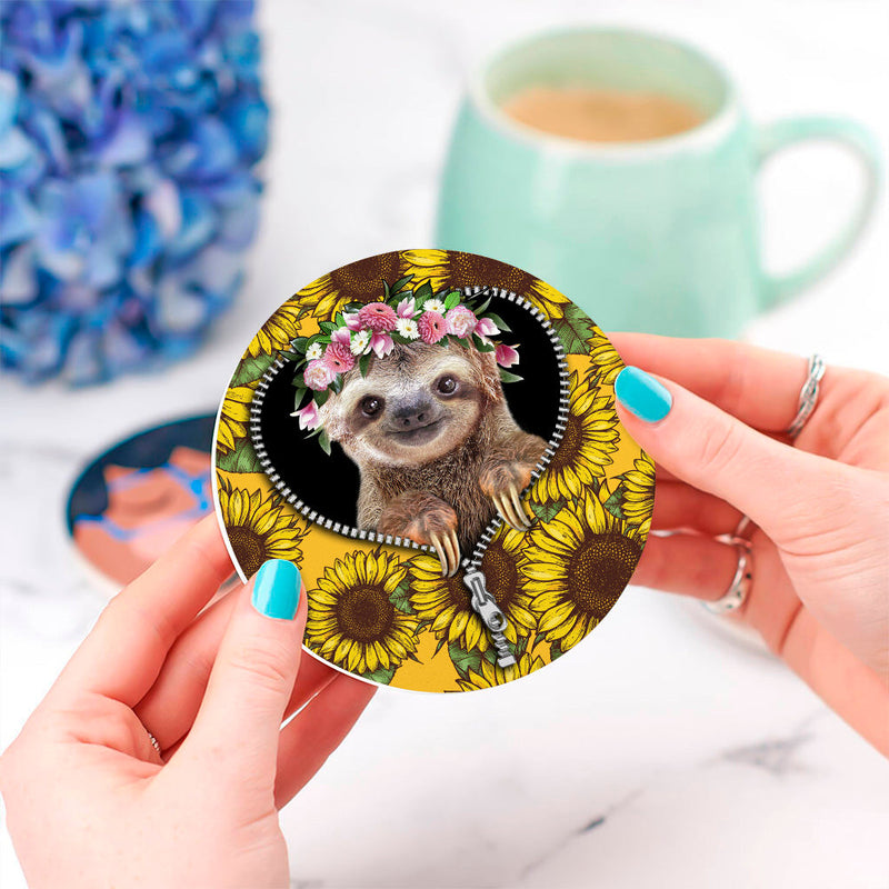 Cute Sloth Sunflower Zipper Ceramic Decor Coaster - Gift Idea