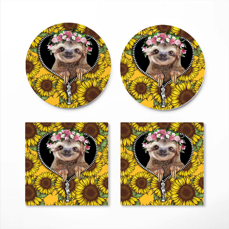 Cute Sloth Sunflower Zipper Ceramic Decor Coaster - Gift Idea