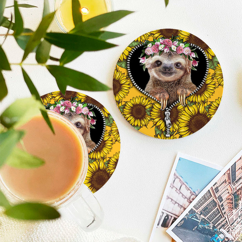 Cute Sloth Sunflower Zipper Ceramic Decor Coaster - Gift Idea