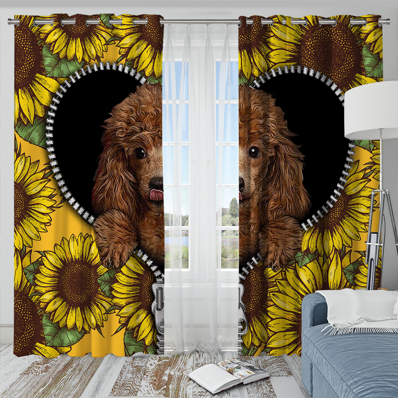 Cute Dog Poodle Sunflower Zipper Window Curtain