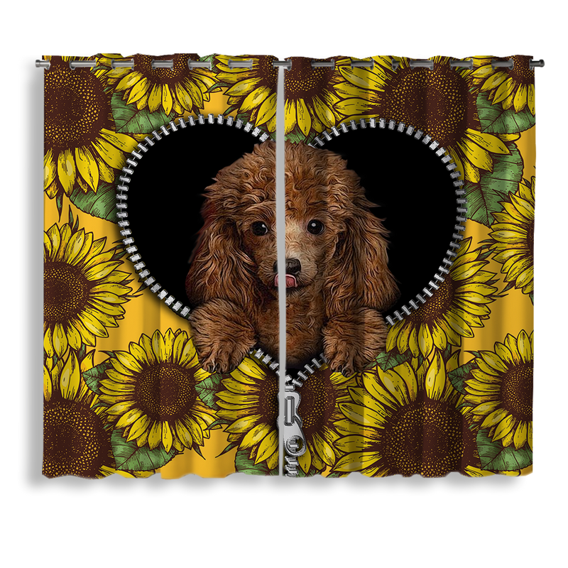 Cute Dog Poodle Sunflower Zipper Window Curtain