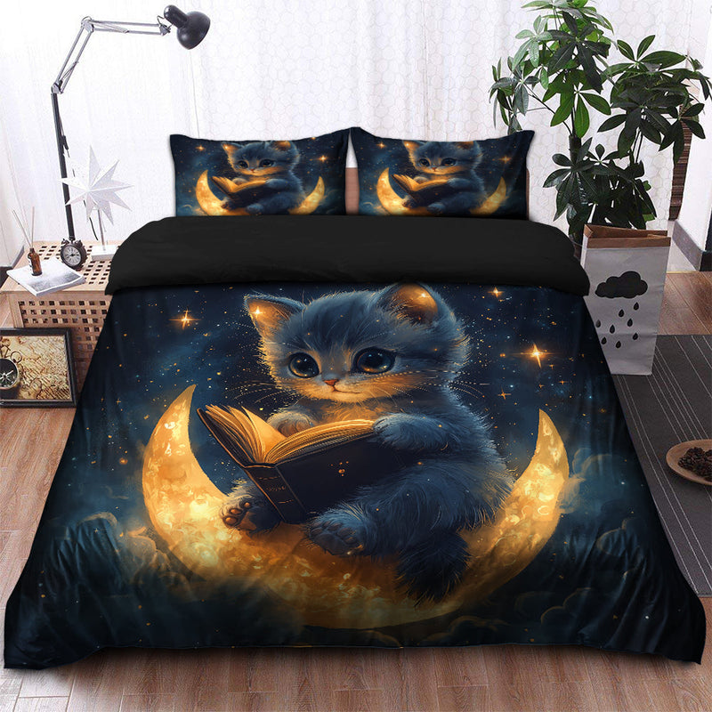 Cute Kitty Reading On A Crescent Moon Bedding Set Duvet Cover And 2 Pillowcases