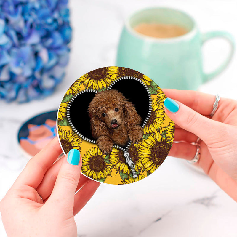 Cute Dog Poodle Sunflower Zipper Ceramic Decor Coaster - Gift Idea