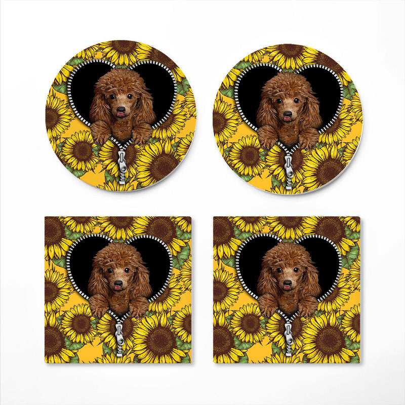 Cute Dog Poodle Sunflower Zipper Ceramic Decor Coaster - Gift Idea