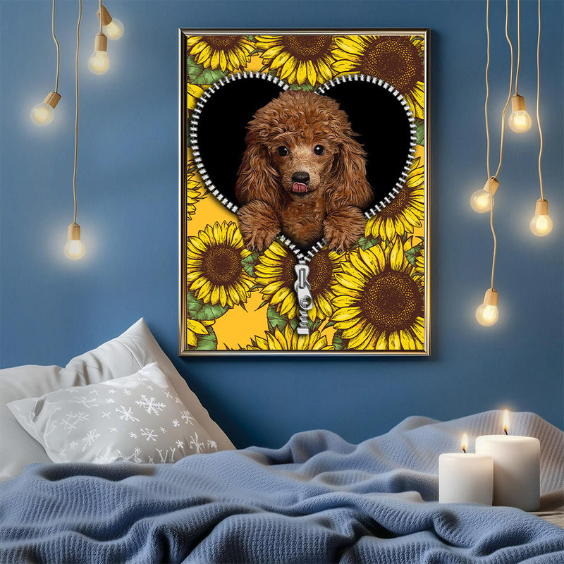 Cute Dog Poodle Sunflower Zipper - Living Room - Canvas Wall Art - Print - Wall Decor