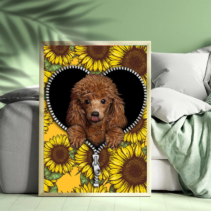 Cute Dog Poodle Sunflower Zipper - Living Room - Canvas Wall Art - Print - Wall Decor