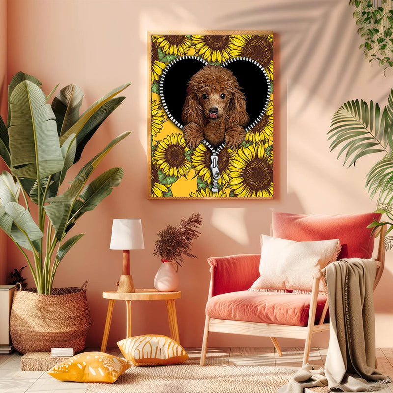 Cute Dog Poodle Sunflower Zipper - Living Room - Canvas Wall Art - Print - Wall Decor