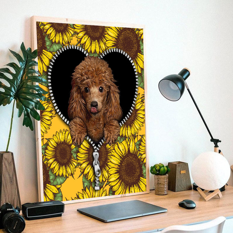 Cute Dog Poodle Sunflower Zipper - Living Room - Canvas Wall Art - Print - Wall Decor