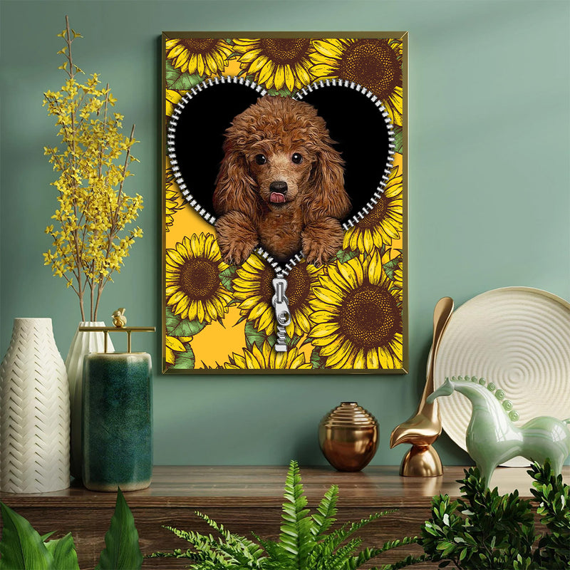 Cute Dog Poodle Sunflower Zipper - Living Room - Canvas Wall Art - Print - Wall Decor