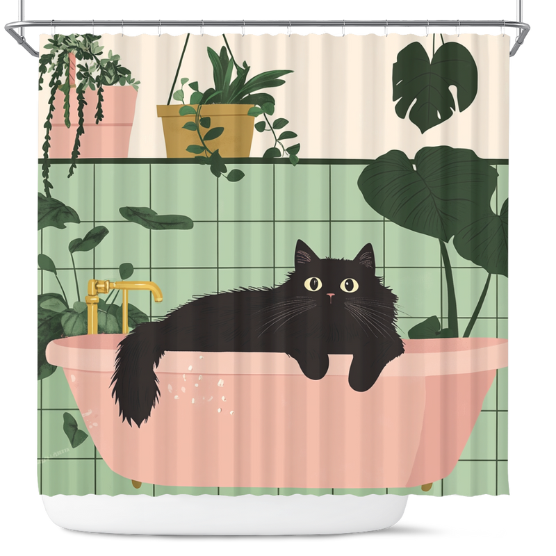 Cute Black Cat In A Bathtub In A Pink And Gree Shower Curtain