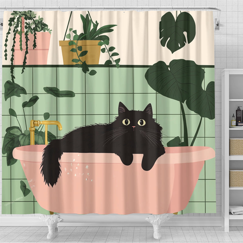 Cute Black Cat In A Bathtub In A Pink And Gree Shower Curtain