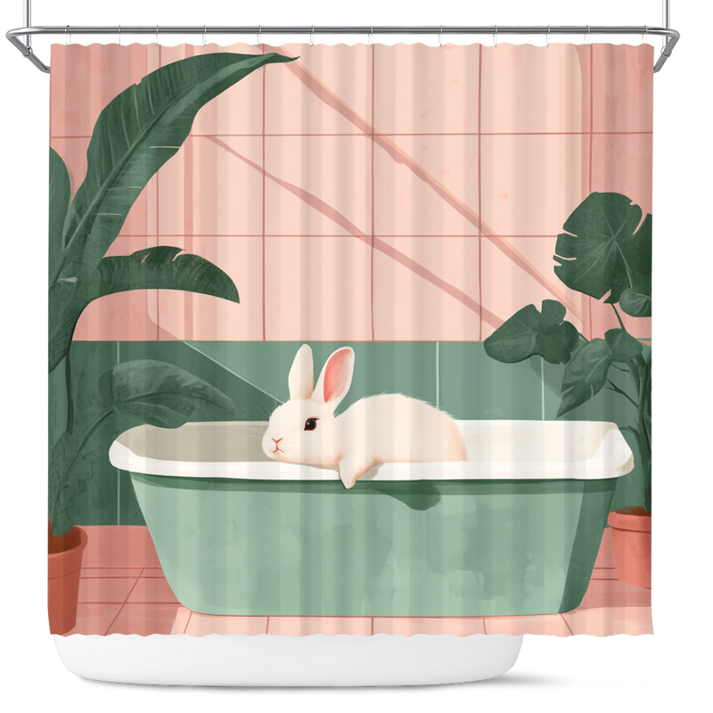 Cute Bunny Rabbit In A Bathtub In A Pink And Gree Shower Curtain