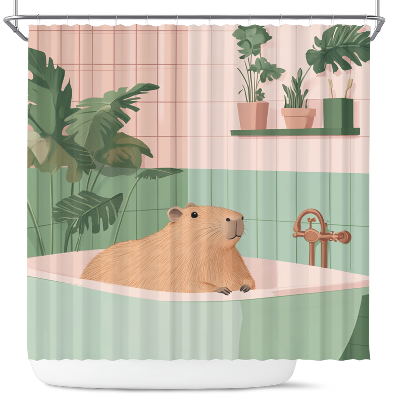 Cute Capybara In A Bathtub In A Pink And Gree Shower Curtain