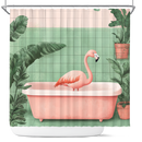 Cute Flamingo In A Bathtub In A Pink And Gree Shower Curtain