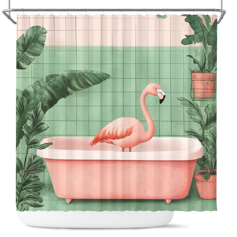Cute Flamingo In A Bathtub In A Pink And Gree Shower Curtain