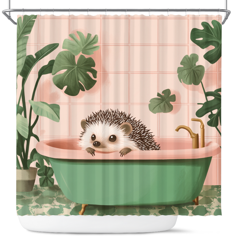 Cute Hedgehog In A Bathtub In A Pink And Gree Shower Curtain