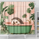 Cute Hedgehog In A Bathtub In A Pink And Gree Shower Curtain