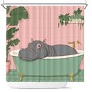 Cute Hippo In A Bathtub In A Pink And Gree Shower Curtain