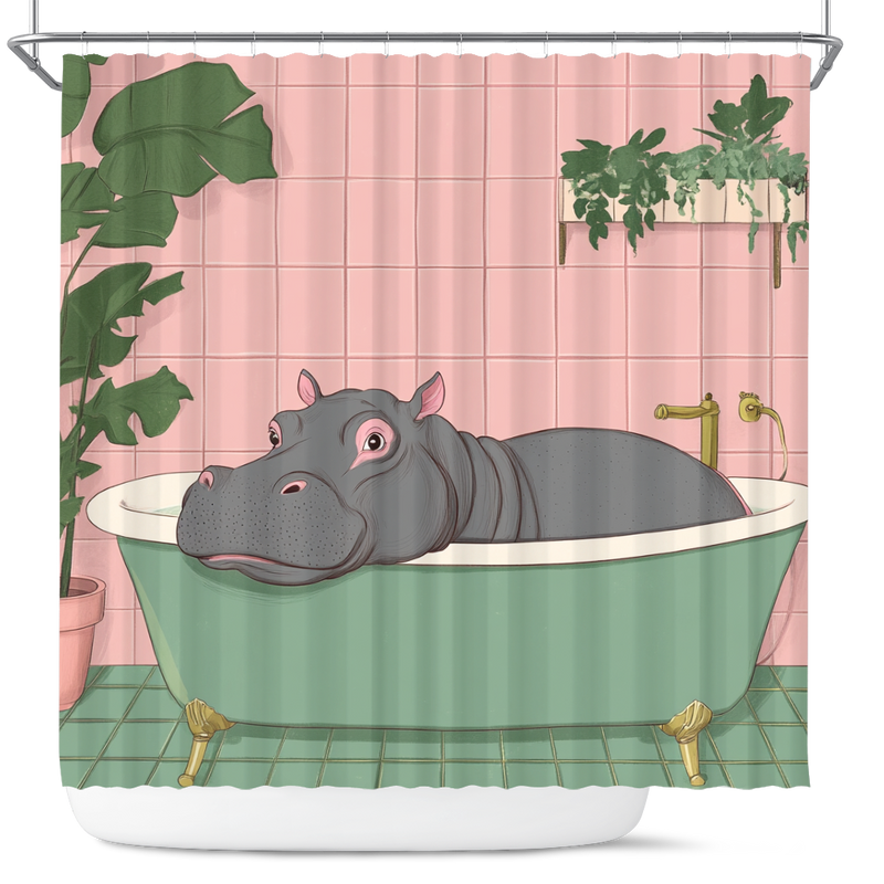 Cute Hippo In A Bathtub In A Pink And Gree Shower Curtain