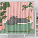 Cute Hippo In A Bathtub In A Pink And Gree Shower Curtain