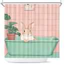 Cute Rabbit In A Bathtub In A Pink And Gree Shower Curtain