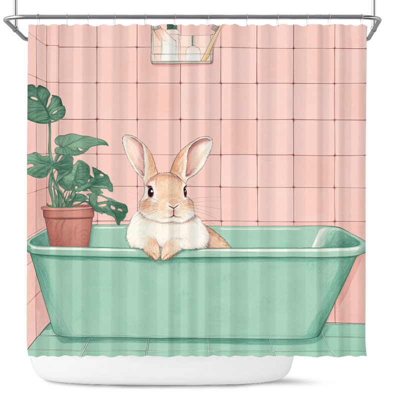 Cute Rabbit In A Bathtub In A Pink And Gree Shower Curtain