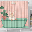 Cute Rabbit In A Bathtub In A Pink And Gree Shower Curtain