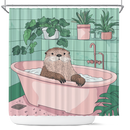 Cute Sea Otter In A Bathtub In A Pink And Gree Shower Curtain