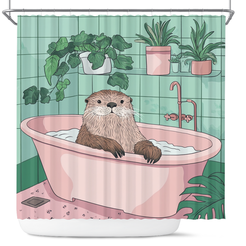Cute Sea Otter In A Bathtub In A Pink And Gree Shower Curtain