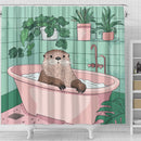 Cute Sea Otter In A Bathtub In A Pink And Gree Shower Curtain