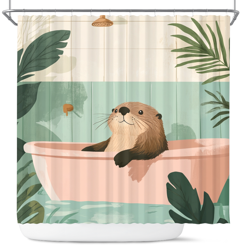 Cute Sea Otter Chill In A Bathtub In A Pink And Gree Shower Curtain