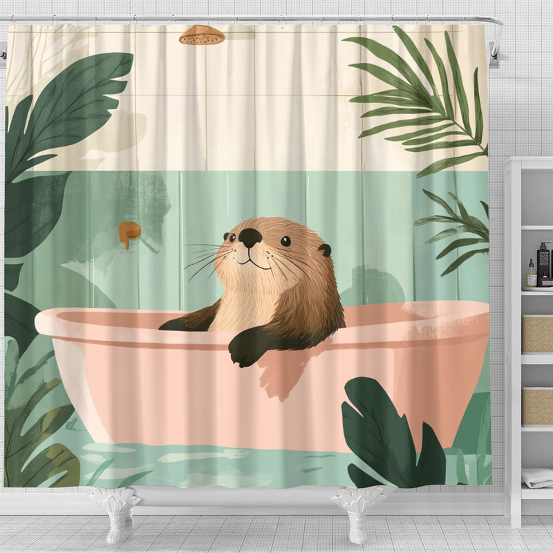 Cute Sea Otter Chill In A Bathtub In A Pink And Gree Shower Curtain