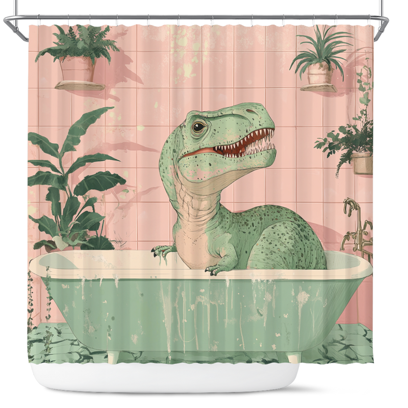 Cute TRex In A Bathtub In A Pink And Gree Shower Curtain