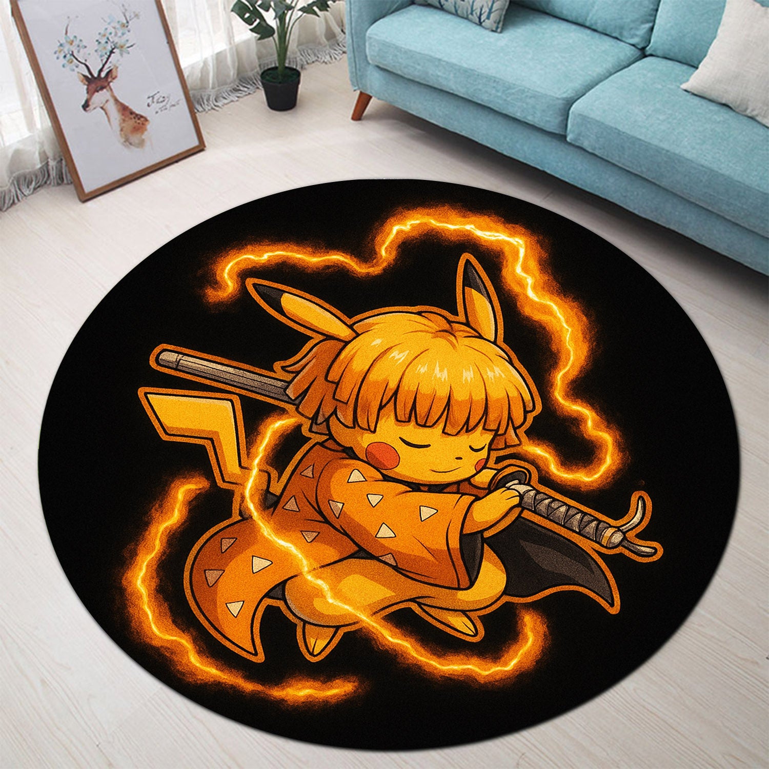 Zenitzu Rug Cute Chibi Zenitsu Pikachu Demon Slayer Round Rug
