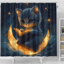 Cute Kitty Reading On A Crescent Moon Shower Curtain