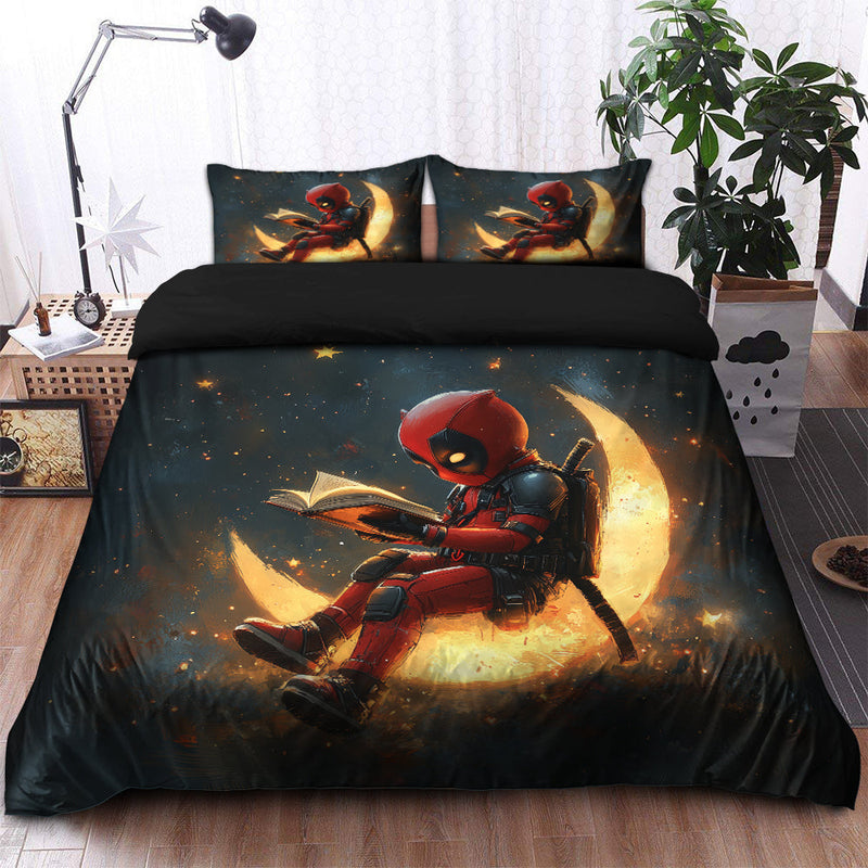 Deadpool Reading On A Crescent Moon Bedding Set Duvet Cover And 2 Pillowcases