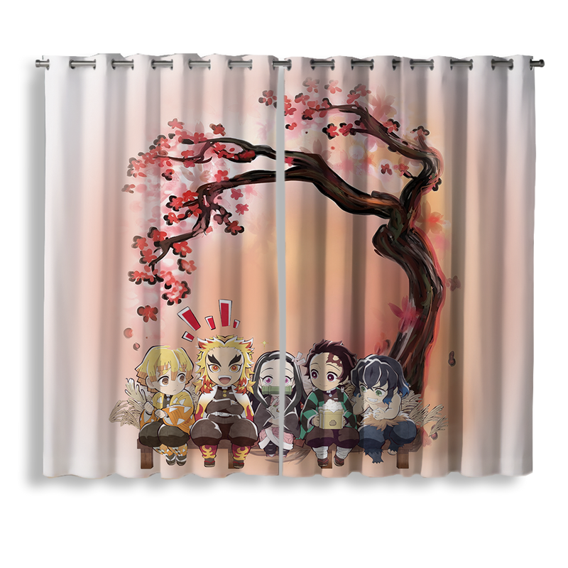 Demon Slayer Team Chibi Anime Cherry Blossom Window Curtain