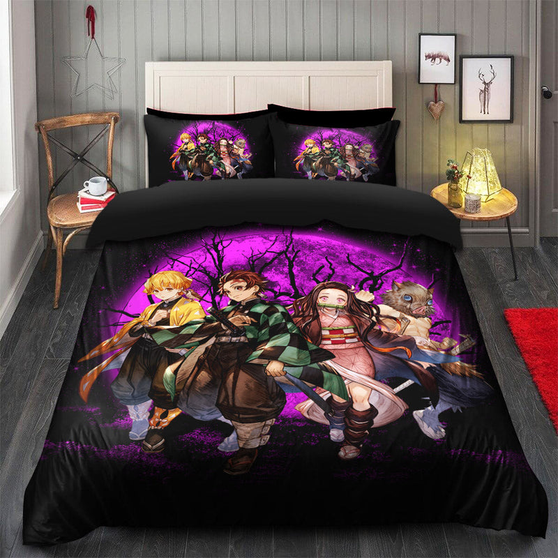 Demon Slayer Tanjiro Nezuko Inosuke And Zenitsu Pink Moonlight Bedding Set Duvet Cover And 2 Pillowcases Nearkii