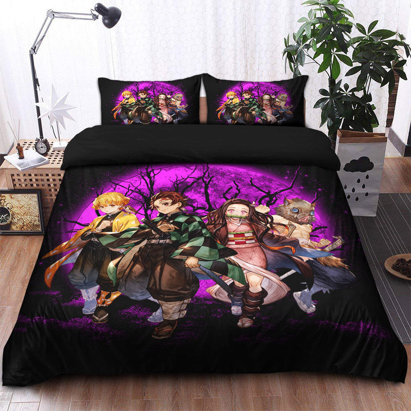 Demon Slayer Tanjiro Nezuko Inosuke And Zenitsu Pink Moonlight Bedding Set Duvet Cover And 2 Pillowcases Nearkii