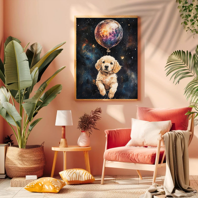 Little Golden Retriever Puppy's Galaxy Balloon Adventure - Living Room - Canvas Wall Art - Print - Wall Decor