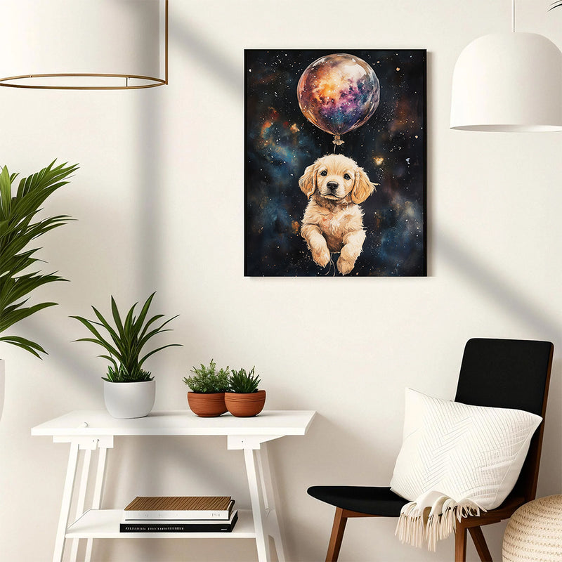 Little Golden Retriever Puppy's Galaxy Balloon Adventure - Living Room - Canvas Wall Art - Print - Wall Decor