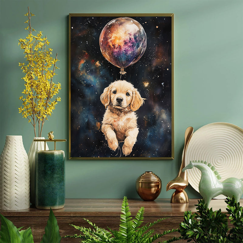 Little Golden Retriever Puppy's Galaxy Balloon Adventure - Living Room - Canvas Wall Art - Print - Wall Decor