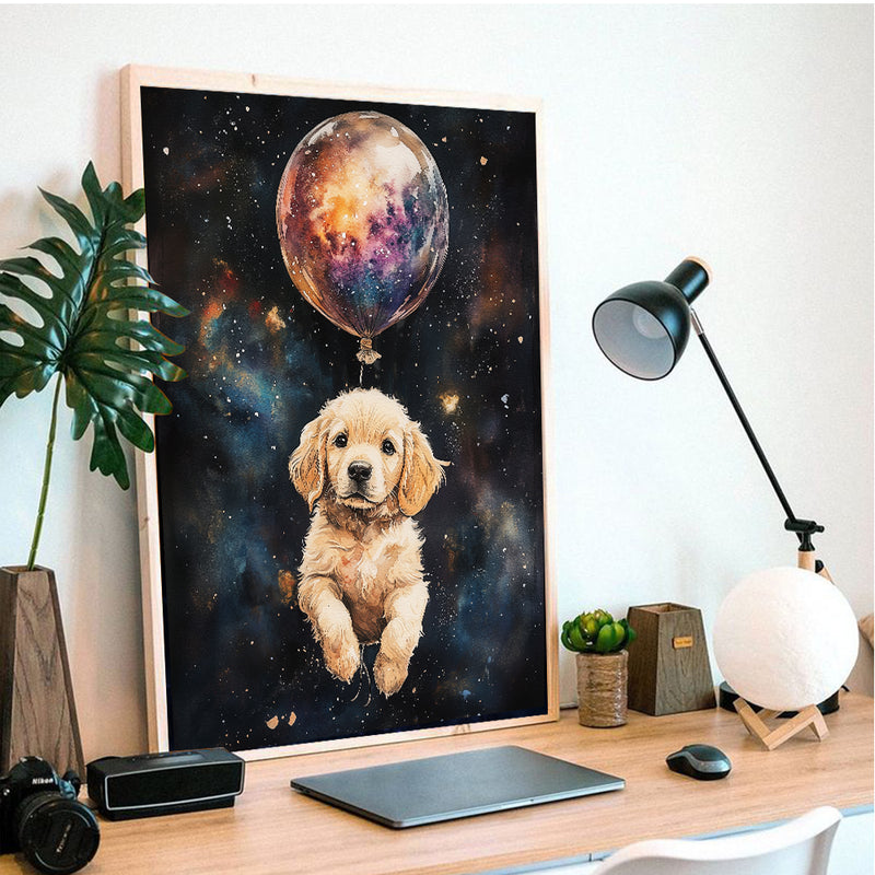 Little Golden Retriever Puppy's Galaxy Balloon Adventure - Living Room - Canvas Wall Art - Print - Wall Decor