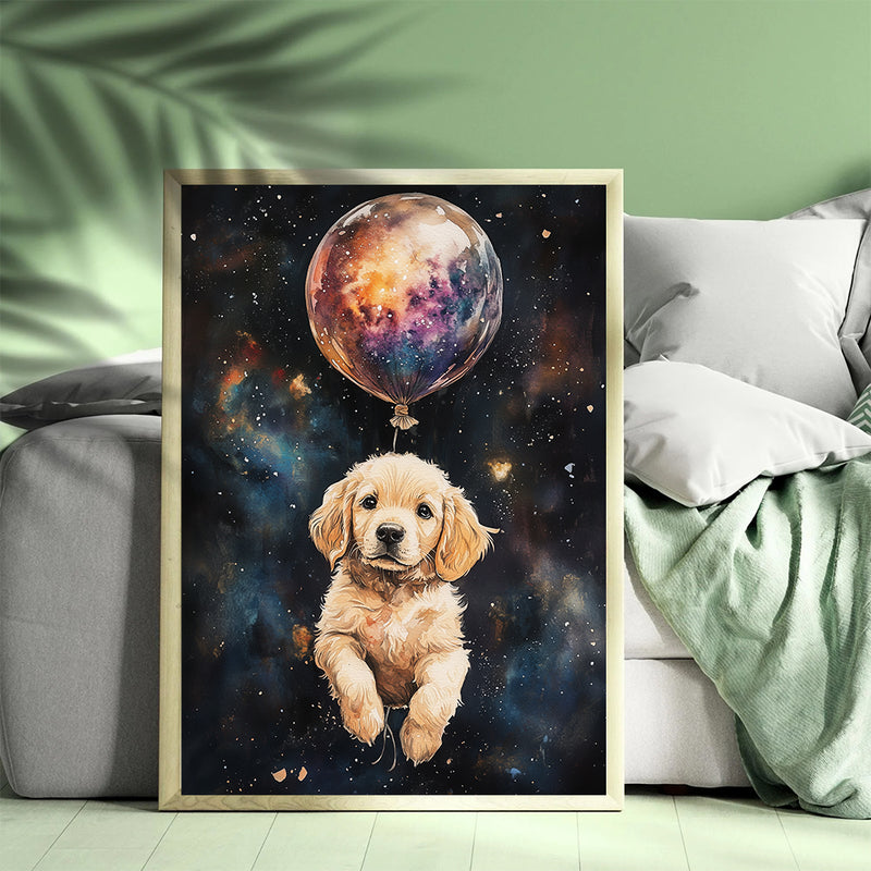 Little Golden Retriever Puppy's Galaxy Balloon Adventure - Living Room - Canvas Wall Art - Print - Wall Decor