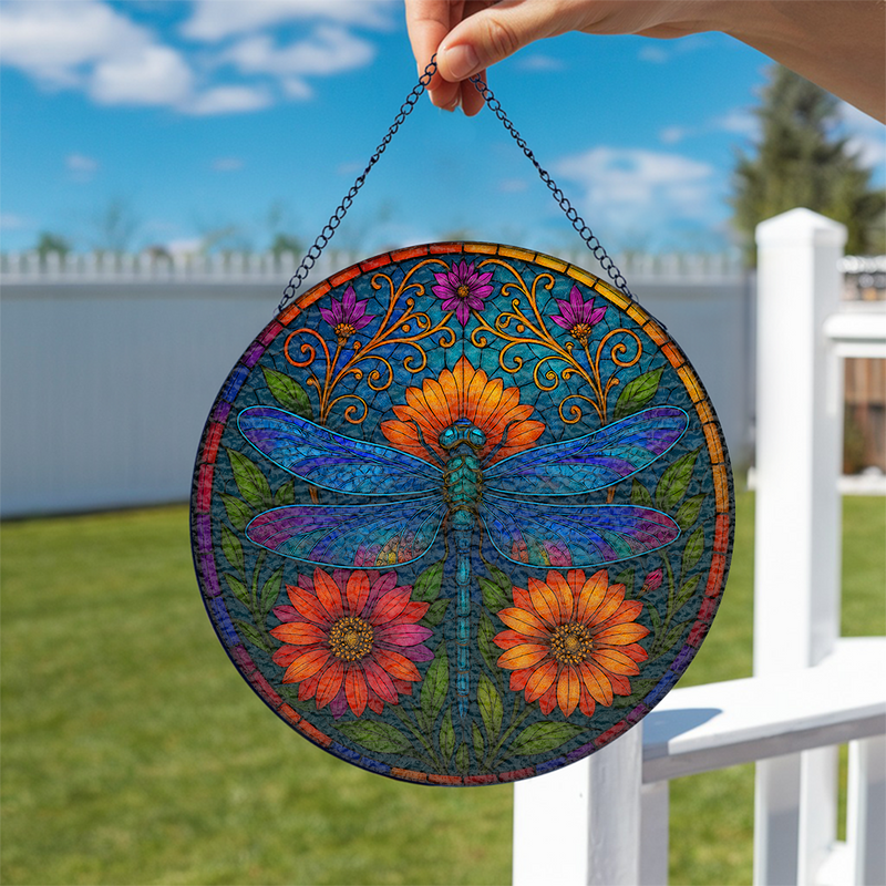 Dragon Fly Round Stained Glass Suncatcher