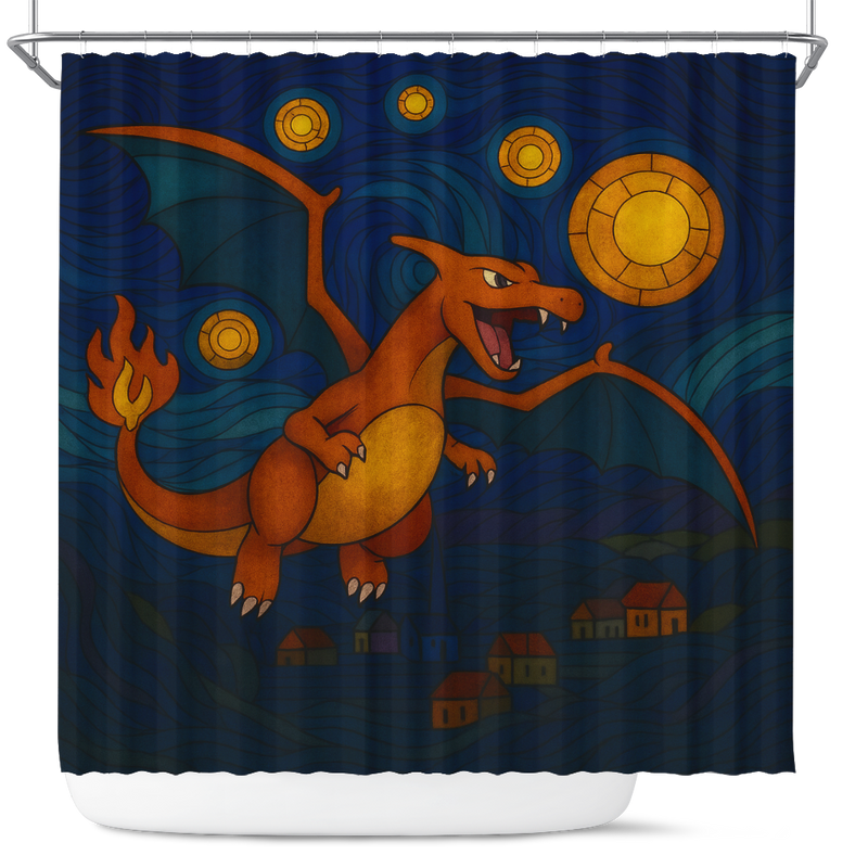 Charizard Pokemon Starry Night Stained Glass Shower Curtain